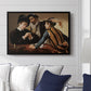 The Cardsharps, c. 1594 by Caravaggio displayed above a sofa in a living room in a black floater frame, featuring a genre scene of card game with deception and hidden accomplice.