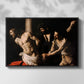 Front view of The Flagellation of Christ at the Column (Rouen Version), 1606 by Caravaggio in a black floater framed canvas.