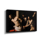 Angled view of The Flagellation of Christ at the Column (Rouen Version), 1606 by Caravaggio in a black floater framed canvas.