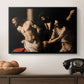 The Flagellation of Christ at the Column (Rouen Version), 1606 by Caravaggio in a black floater framed canvas displayed above a console table in a hallway, featuring an intense Baroque scene of suffering with strong light and shadow.