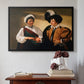 Black floater framed canvas featuring The Fortune Teller (Louvre Version), c. 1595 by Caravaggio above an entryway table in a minimalist foyer.