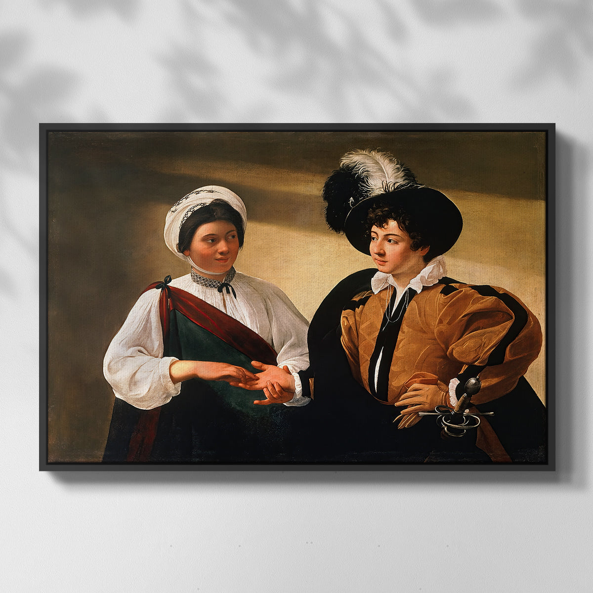 Front view of The Fortune Teller (Louvre Version), c. 1595 by Caravaggio in a black floater framed canvas.
