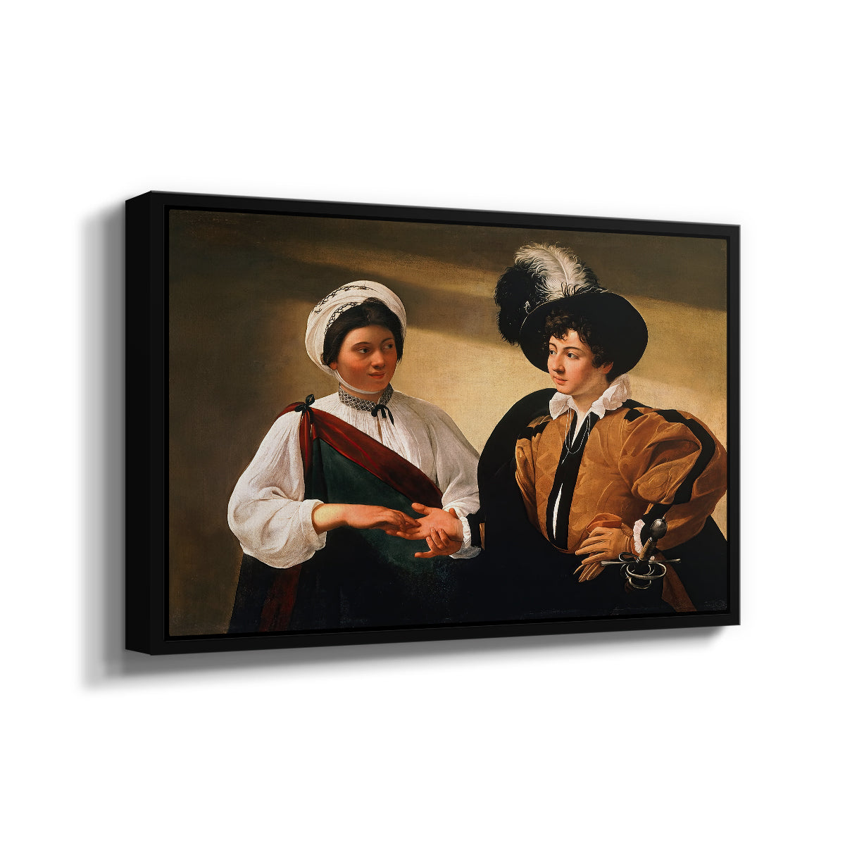 Angled view of The Fortune Teller (Louvre Version), c. 1595 by Caravaggio in a black floater framed canvas.