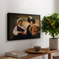 The Fortune Teller (Louvre Version), c. 1595 by Caravaggio, presented in a black floater framed canvas featuring a woman reading a young man's palm while secretly stealing his ring, displayed above a hallway console table.