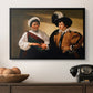 The Fortune Teller (Louvre Version), c. 1595 by Caravaggio in a black floater framed canvas displayed above a console table in a hallway, featuring two figures engaged in fortune telling with hidden deception.