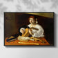 Front view of The Lute Player (Wildenstein Version), c. 1596 by Caravaggio in a black floater framed canvas.