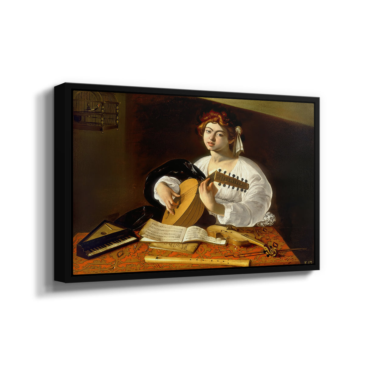Angled view of The Lute Player (Wildenstein Version), c. 1596 by Caravaggio in a black floater framed canvas.