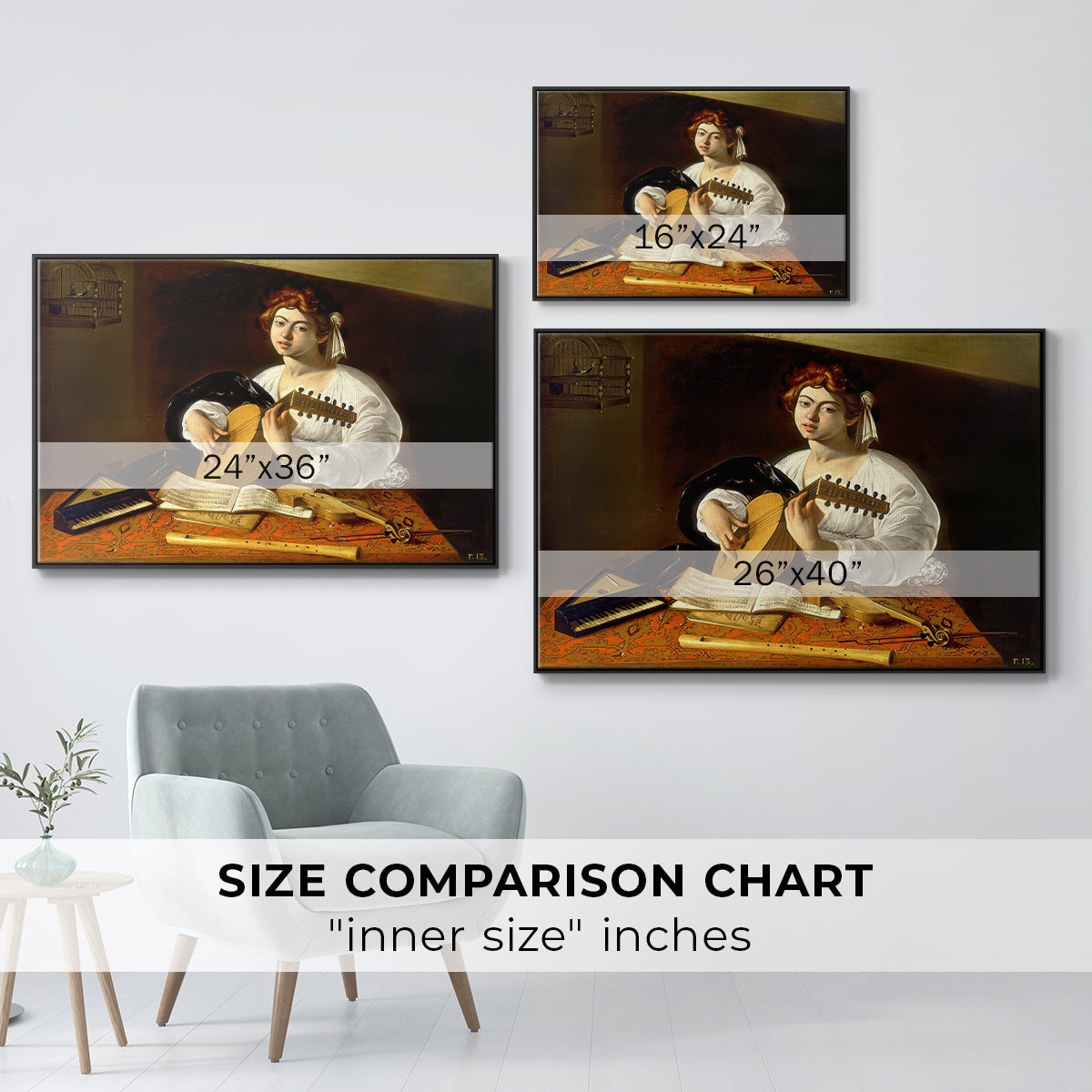 Size comparison chart for black floater framed canvas featuring The Lute Player (Wildenstein Version), c. 1596 by Caravaggio.