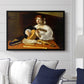 The Lute Player (Wildenstein Version), c. 1596 by Caravaggio displayed above a sofa in a living room in a black floater frame, featuring a musician seated with lute and musical instruments on table.