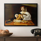 The Lute Player (Wildenstein Version), c. 1596 by Caravaggio in a black floater framed canvas displayed above a console table in a hallway, featuring an intimate portrait of musician with still life elements.