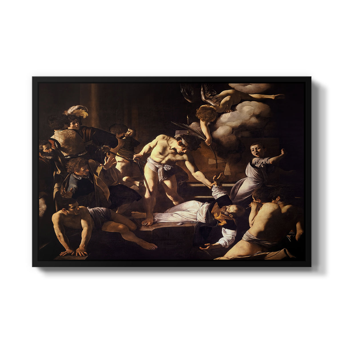 The Martyrdom of Saint Matthew, 1599-1600 by Caravaggio in a black floater framed canvas wall art display.