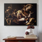 Black floater framed canvas featuring The Martyrdom of Saint Matthew, 1599-1600 by Caravaggio above an entryway table in a minimalist foyer.