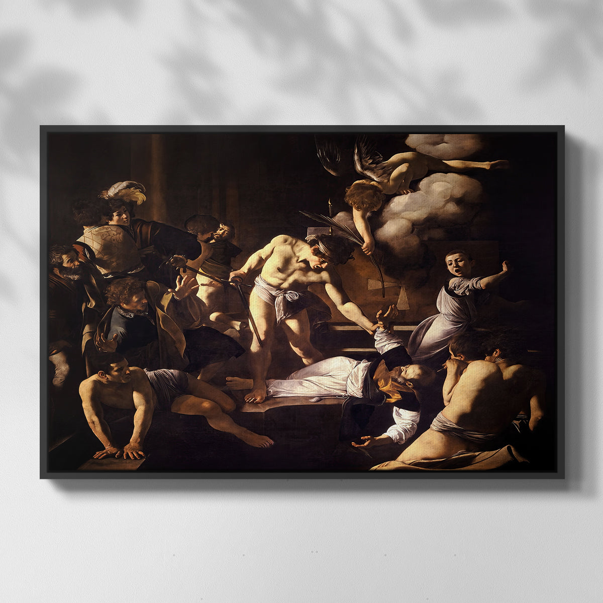 Front view of The Martyrdom of Saint Matthew, 1599-1600 by Caravaggio in a black floater framed canvas.
