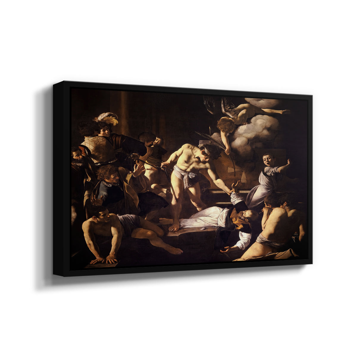 Angled view of The Martyrdom of Saint Matthew, 1599-1600 by Caravaggio in a black floater framed canvas.