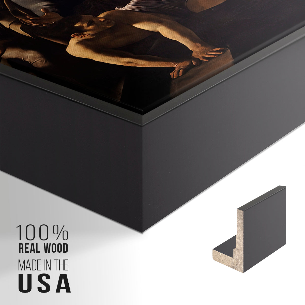 Close-up of the black floater frame corner and gallery wrapped canvas construction.