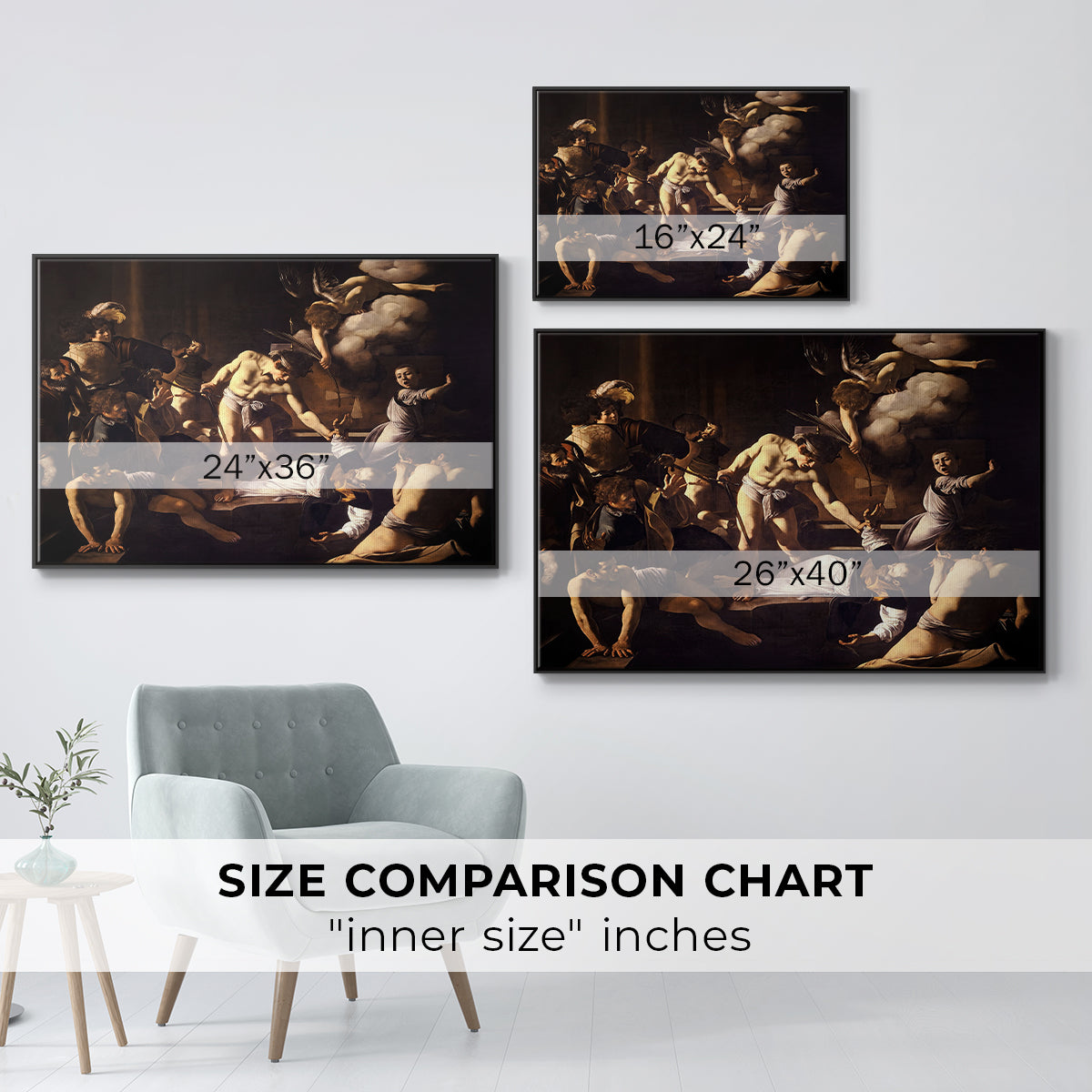 Size comparison chart for black floater framed canvas featuring The Martyrdom of Saint Matthew, 1599-1600 by Caravaggio.