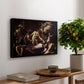 The Martyrdom of Saint Matthew, 1599-1600 by Caravaggio, presented in a black floater framed canvas featuring a chaotic scene of Saint Matthew being attacked by executioner in church, displayed above a hallway console table.