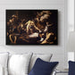 The Martyrdom of Saint Matthew, 1599-1600 by Caravaggio displayed above a sofa in a living room in a black floater frame, featuring a dramatic moment of martyrdom with figures reacting in panic.