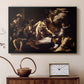 Black floater framed canvas featuring a religious narrative showing violent attack on saint in crowded setting, displayed above a cabinet in a soft-toned living room.