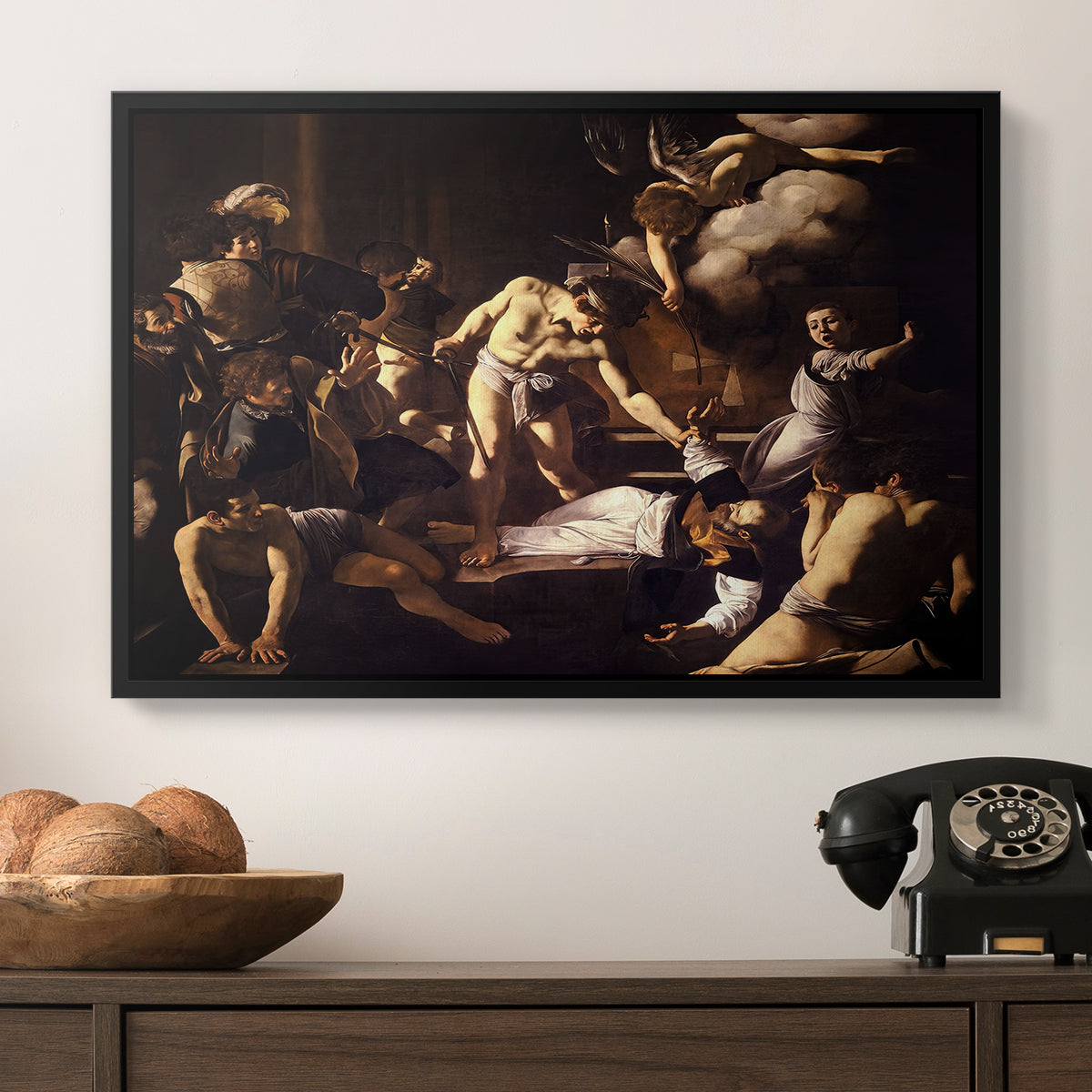 The Martyrdom of Saint Matthew, 1599-1600 by Caravaggio in a black floater framed canvas displayed above a console table in a hallway, featuring a Baroque composition of movement and emotion during martyrdom.