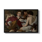 The Musicians, c. 1595 by Caravaggio in a black floater framed canvas wall art display.