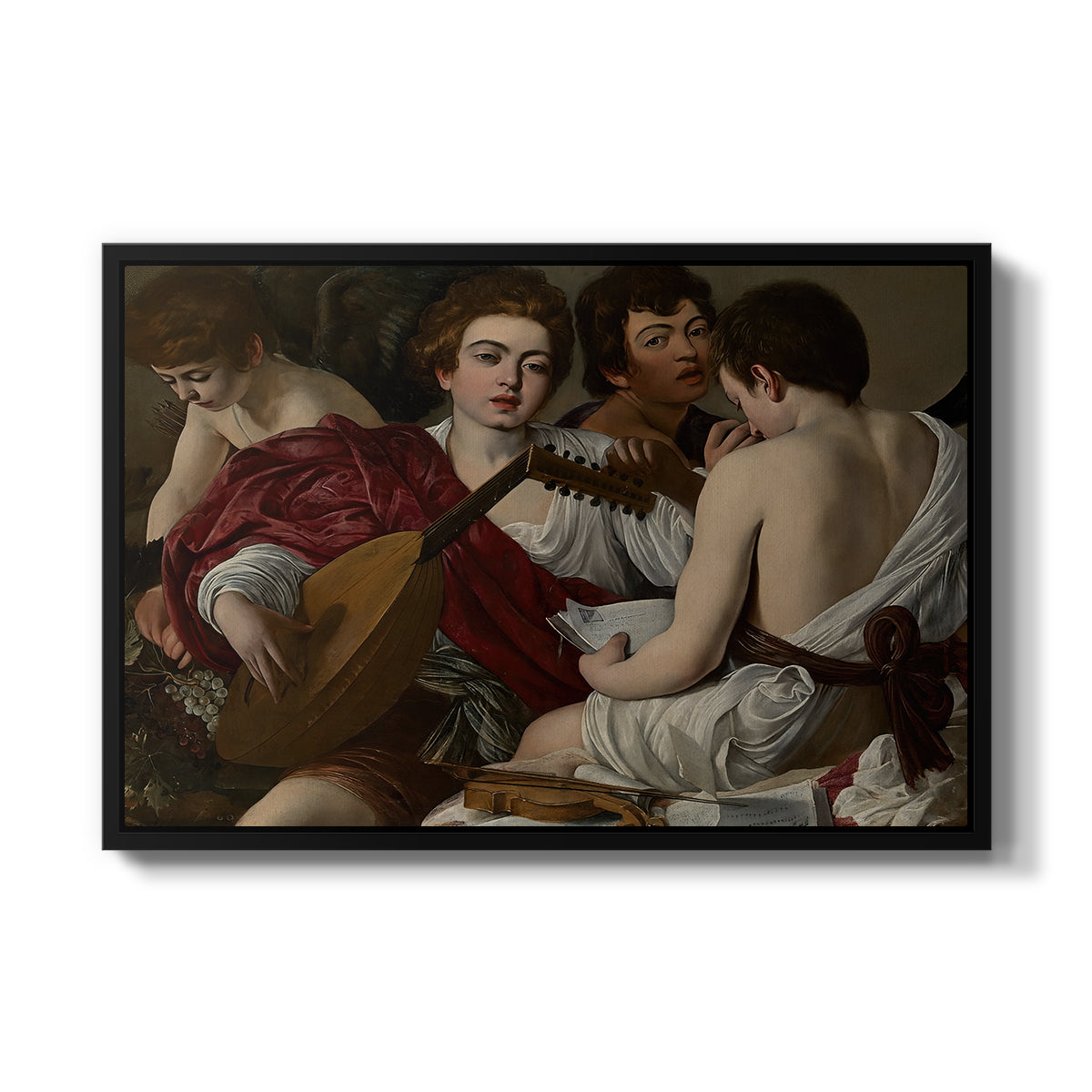 The Musicians, c. 1595 by Caravaggio in a black floater framed canvas wall art display.
