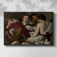 Front view of The Musicians, c. 1595 by Caravaggio in a black floater framed canvas.