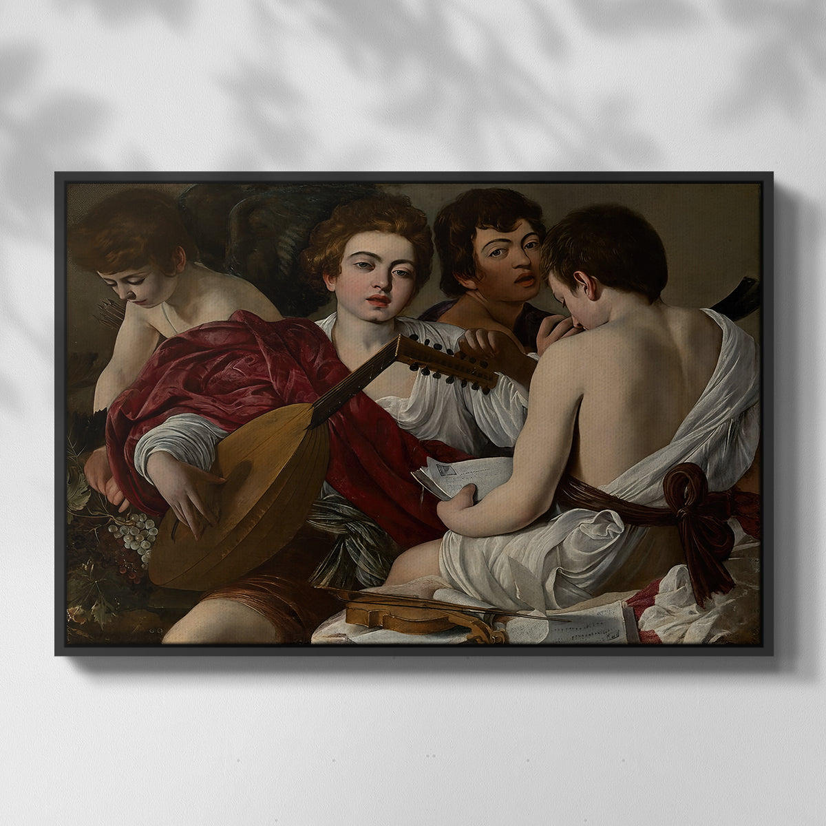 Front view of The Musicians, c. 1595 by Caravaggio in a black floater framed canvas.