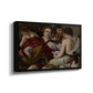 Angled view of The Musicians, c. 1595 by Caravaggio in a black floater framed canvas.