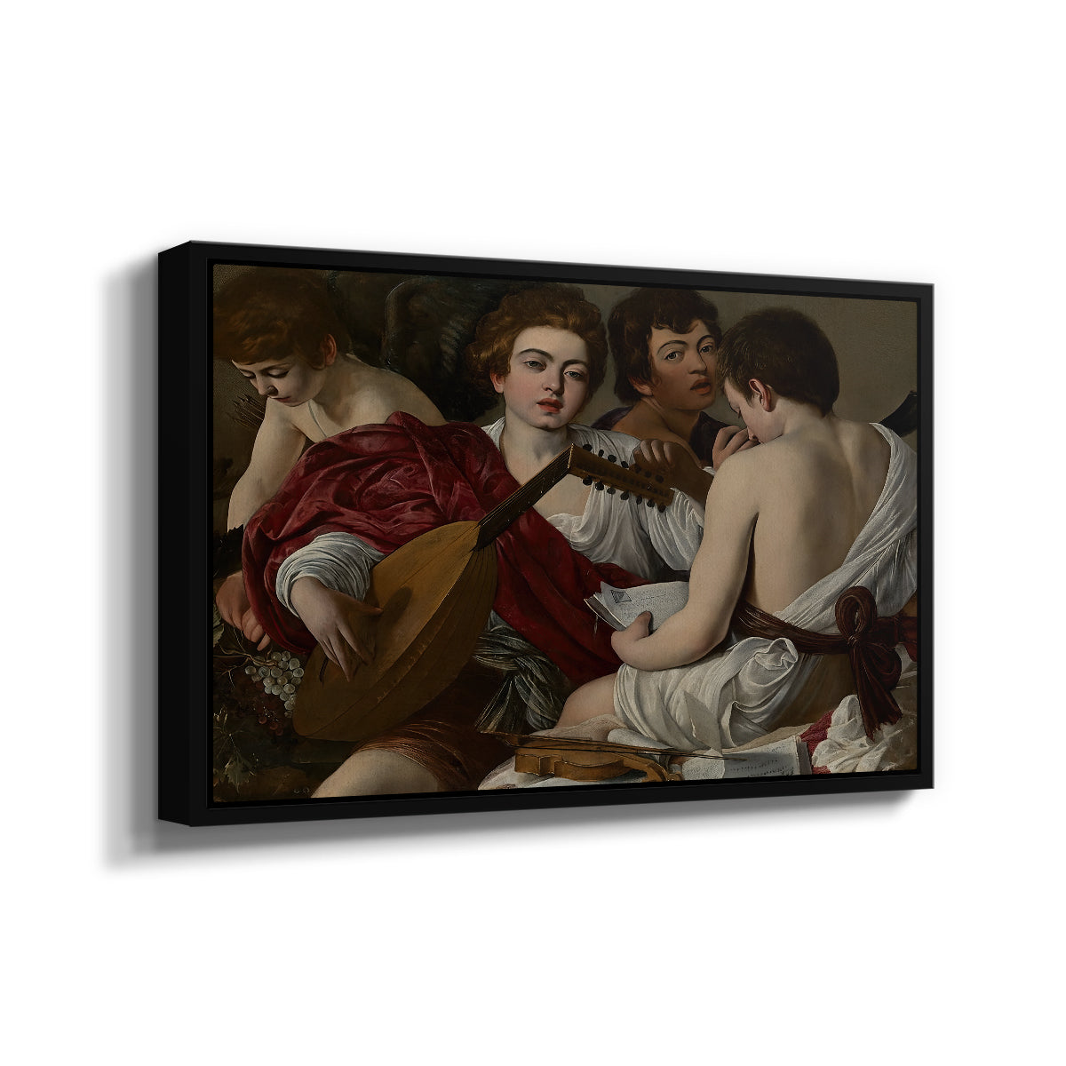 Angled view of The Musicians, c. 1595 by Caravaggio in a black floater framed canvas.