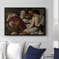 The Musicians, c. 1595 by Caravaggio displayed above a sofa in a living room in a black floater frame, featuring an ensemble of musicians holding lute and singing in close arrangement.