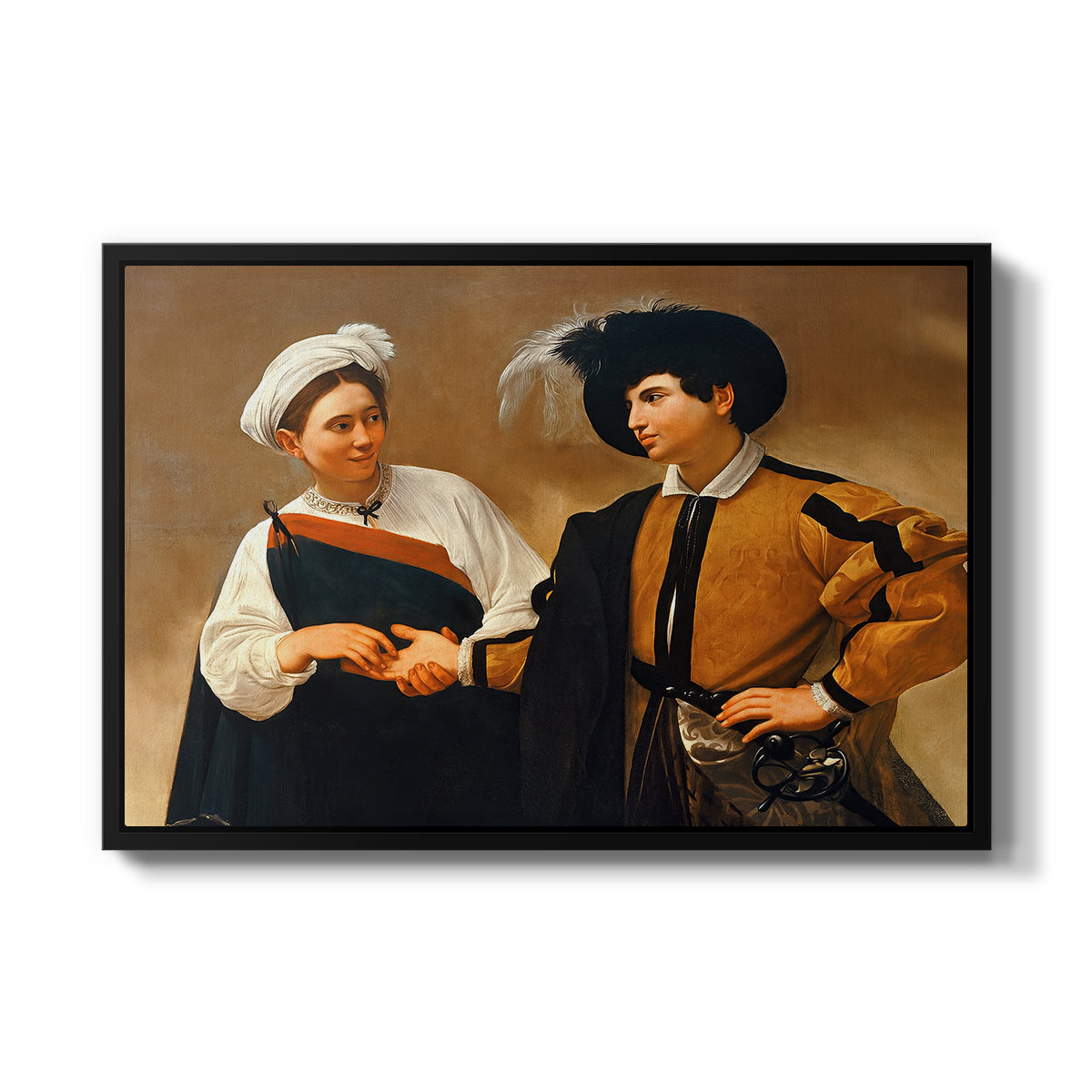 The Fortune Teller (Capitoline Version), c. 1599 by Caravaggio in a black floater framed canvas wall art display.