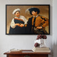 Black floater framed canvas featuring The Fortune Teller (Capitoline Version), c. 1599 by Caravaggio above an entryway table in a minimalist foyer.