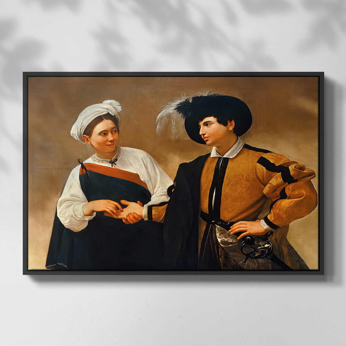 Front view of The Fortune Teller (Capitoline Version), c. 1599 by Caravaggio in a black floater framed canvas.
