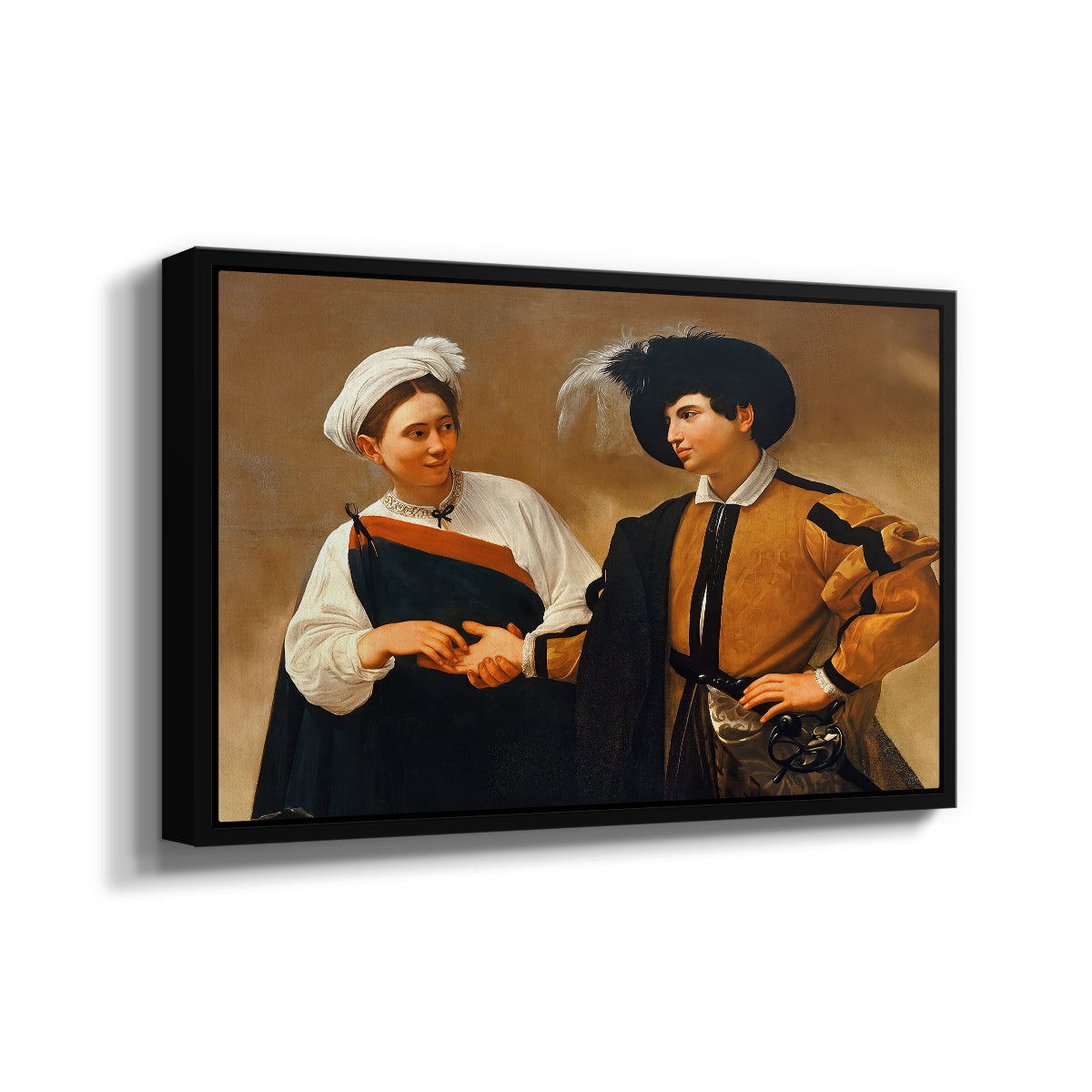 Angled view of The Fortune Teller (Capitoline Version), c. 1599 by Caravaggio in a black floater framed canvas.