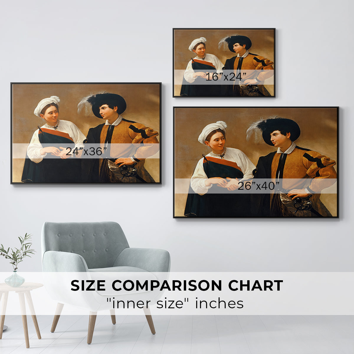 Size comparison chart for black floater framed canvas featuring The Fortune Teller (Capitoline Version), c. 1599 by Caravaggio.