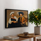 The Fortune Teller (Capitoline Version), c. 1599 by Caravaggio, presented in a black floater framed canvas featuring a woman reading man's palm while discreetly removing his ring, displayed above a hallway console table.