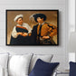 The Fortune Teller (Capitoline Version), c. 1599 by Caravaggio displayed above a sofa in a living room in a black floater frame, featuring a fortune teller tricking young man during palm reading.