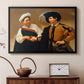 Black floater framed canvas featuring a close interaction between two figures involving deception and gesture, displayed above a cabinet in a soft-toned living room.