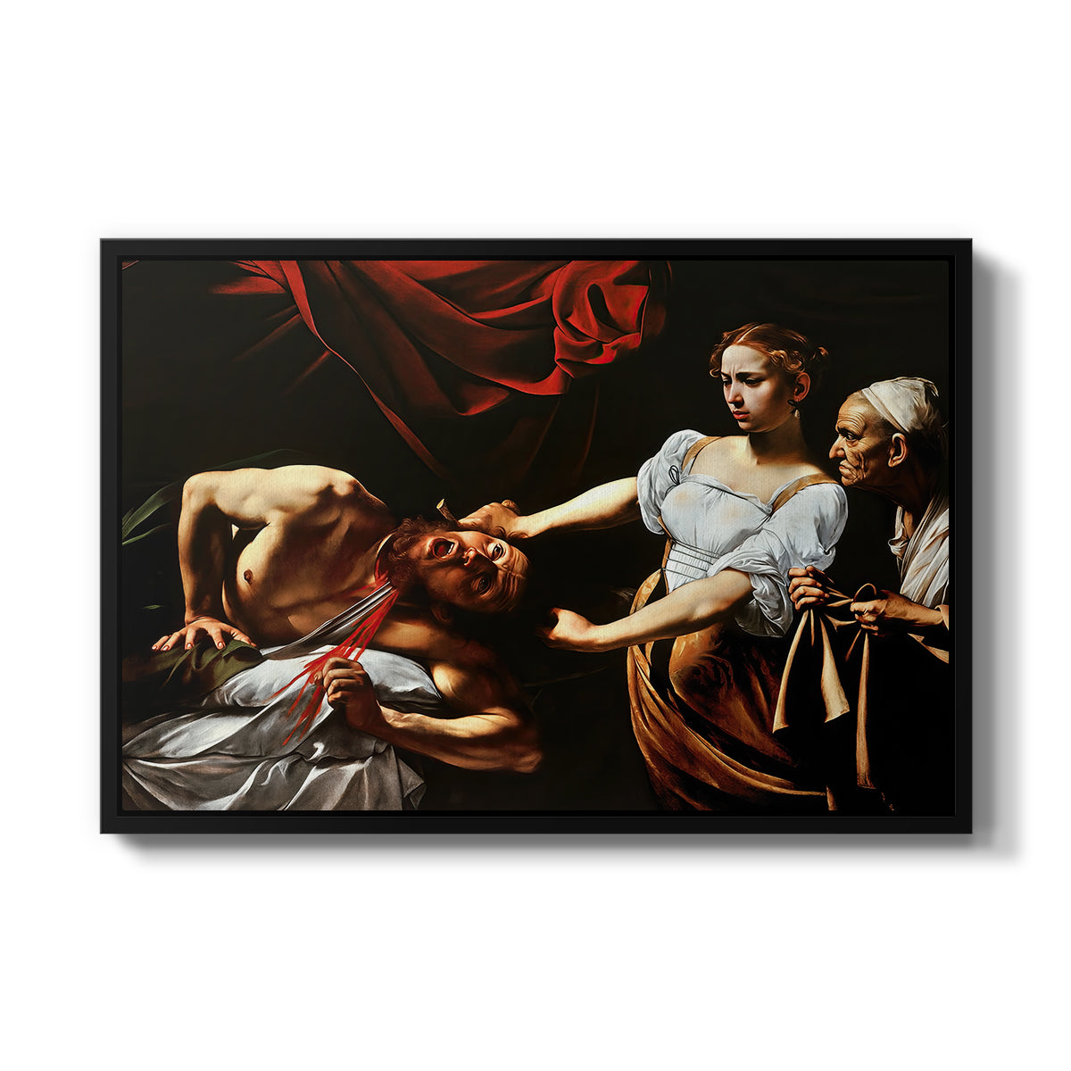 Judith Beheading Holofernes, c. 1599 by Caravaggio in a black floater framed canvas wall art display.