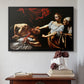Black floater framed canvas featuring Judith Beheading Holofernes, c. 1599 by Caravaggio above an entryway table in a minimalist foyer.
