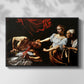 Front view of Judith Beheading Holofernes, c. 1599 by Caravaggio in a black floater framed canvas.