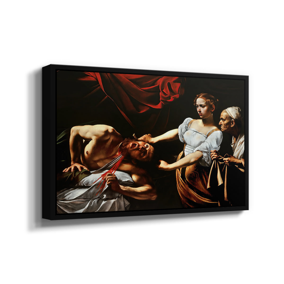 Angled view of Judith Beheading Holofernes, c. 1599 by Caravaggio in a black floater framed canvas.