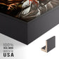 Close-up of the black floater frame corner and gallery wrapped canvas construction.
