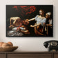 Judith Beheading Holofernes, c. 1599 by Caravaggio in a black floater framed canvas displayed above a console table in a hallway, featuring a violent religious narrative with strong contrast of light and shadow.