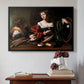 Black floater framed canvas featuring Martha and Mary Magdalene, c. 1598 by Caravaggio above an entryway table in a minimalist foyer.
