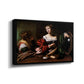 Angled view of Martha and Mary Magdalene, c. 1598 by Caravaggio in a black floater framed canvas.