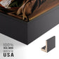Close-up of the black floater frame corner and gallery wrapped canvas construction.