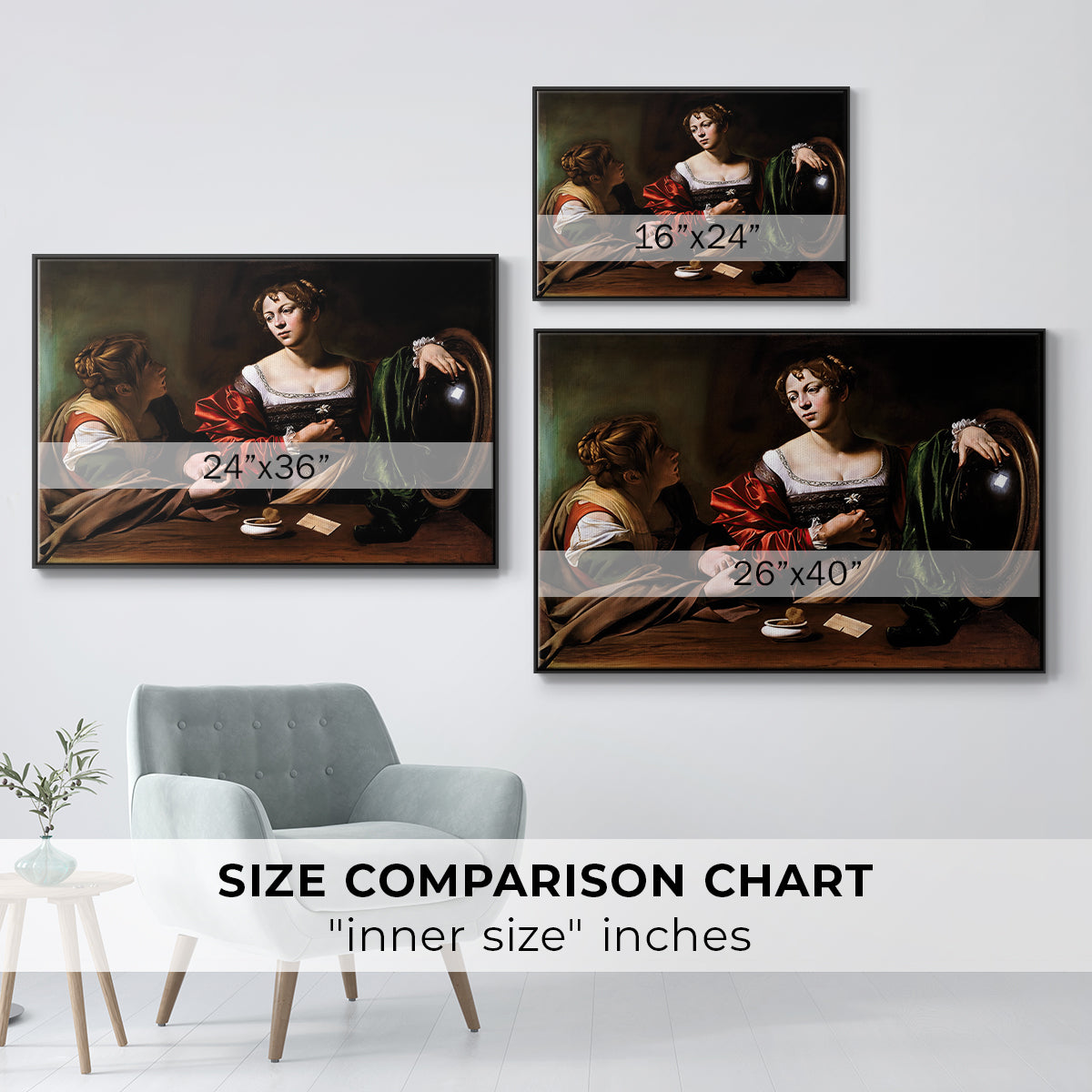 Size comparison chart for black floater framed canvas featuring Martha and Mary Magdalene, c. 1598 by Caravaggio.