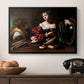 Martha and Mary Magdalene, c. 1598 by Caravaggio in a black floater framed canvas displayed above a console table in a hallway, featuring a religious interior scene with figures engaged in thoughtful dialogue.